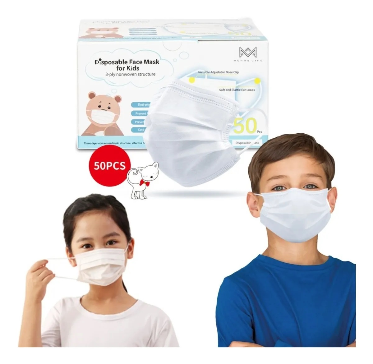 CUBREBOCAS TRICAPA TERMOSELLADO PARA NIÑO (CAJA 50 PZA) BLANCO