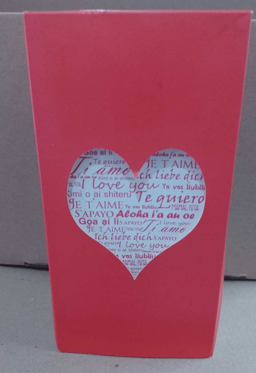 CAJA REGALO I LOVE YOU PARA TERMO, TARRO O VASO ( Caja base y tapa con ventana de corazón)