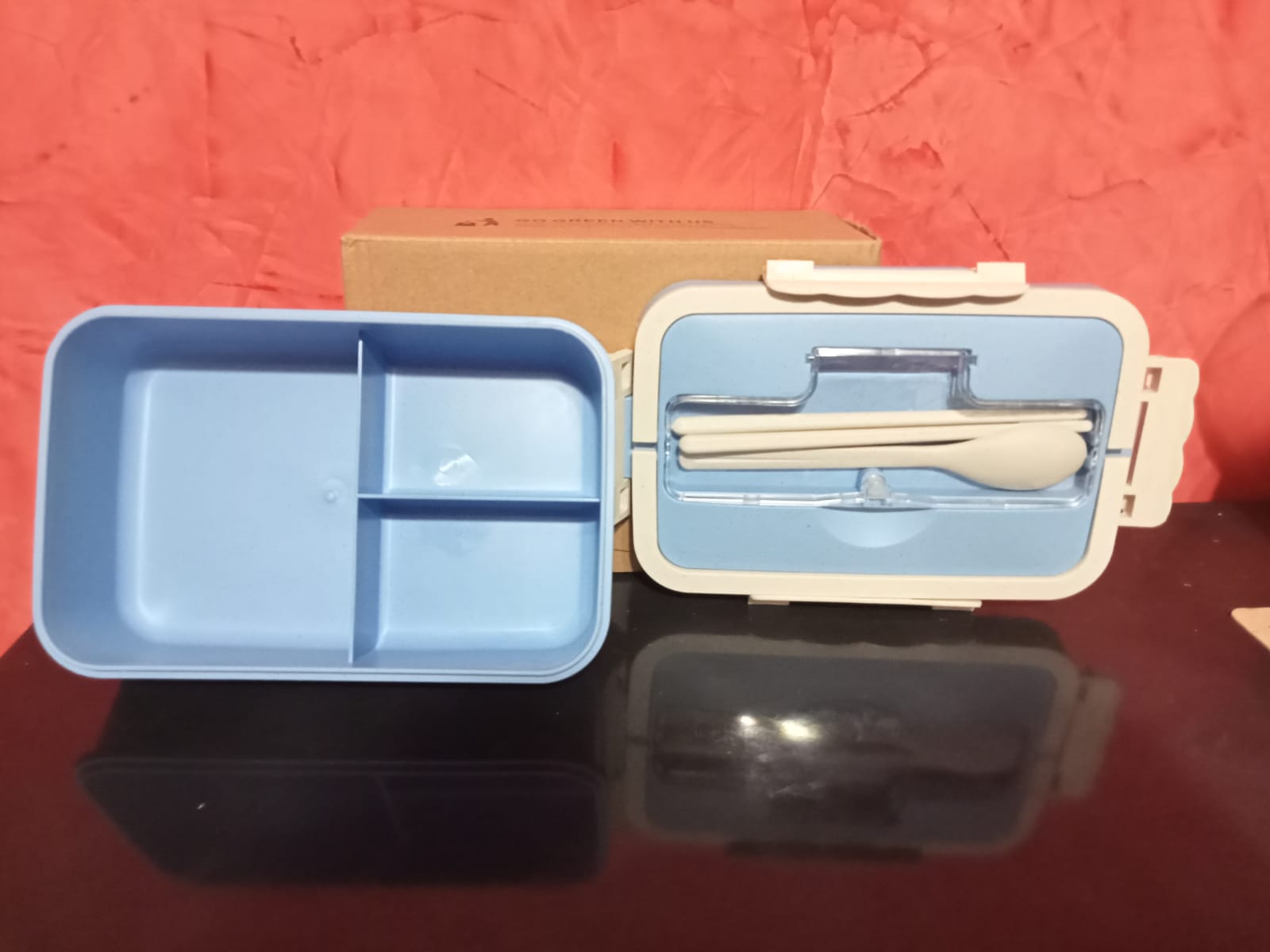 BOX LUNCH LONCHERA CON 3 COMPARTIMIENTOS COLOR AZUL, CON CUCHARA Y PALILLOS
